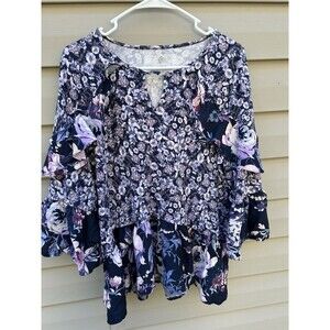 Cupio Women’s Blouse Large Navy Floral Ruffle Bell Sleeve Cottagecore Boho Flowy